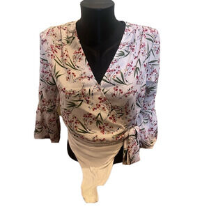 V NECK FLORAL BODYSUIT WITH FLUTED SLEEVES